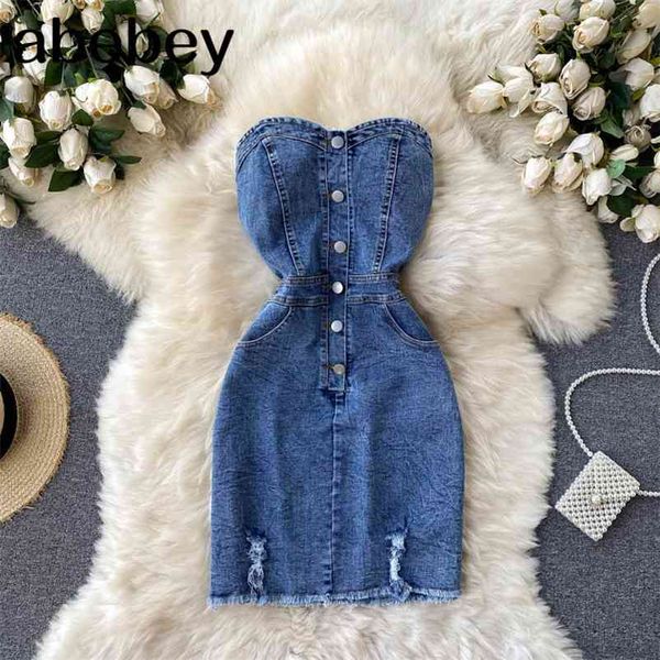 Kadınlar Retro Straplez Denim Elbise Seksi Kolsuz Backless Slim Delik Elbiseler Yaz Koreli Kapalı Omuz Mini Sundress 210715