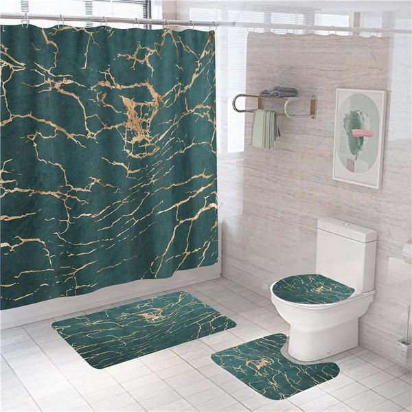 

shower curtains green gold marble curtain 3d print modern bathroom decor bath mat set anti-slip rugs polyester bathtub screen home