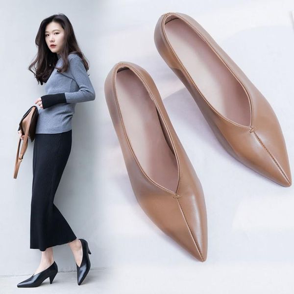 

dress shoes cowhide heel pointed single high leather women's layer, Black