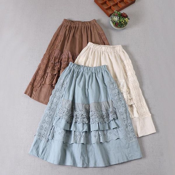 

lace embroidery solid color linen skirts japanese skirt new spring ht2103, Black