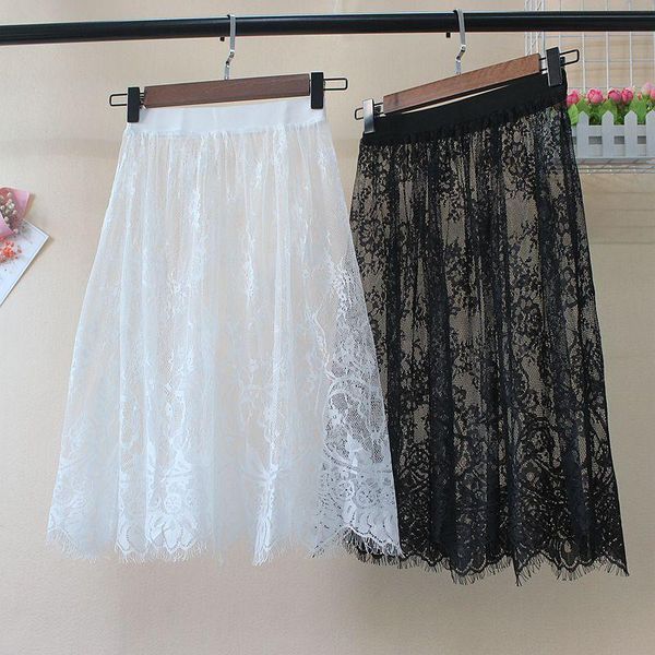 

skirts summer women lace fashion solid casual mesh tulle skirt hollow out short pencil elegant elastic black white