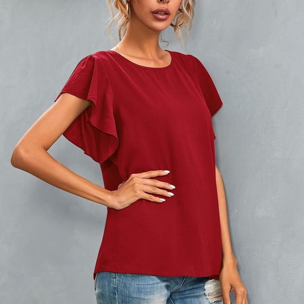 

women's t-shirt arrivals ruffle short sleeve t-shirts charming hollow tie back design female fashion solid color t-shirt#4, White