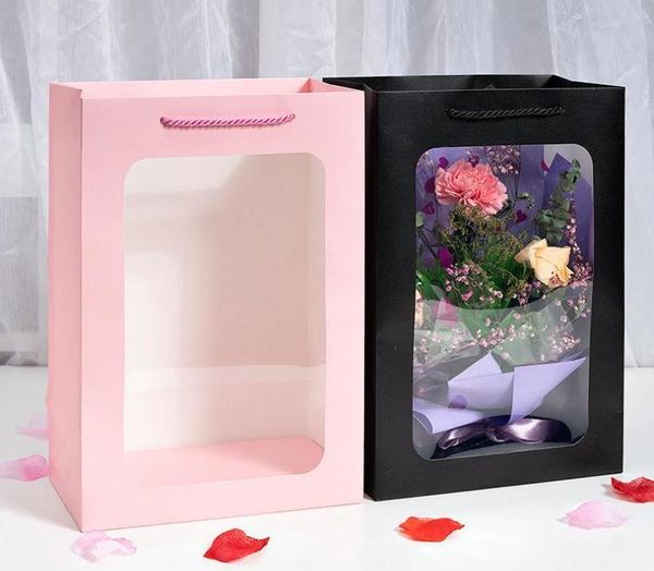 

50pcs 25x15x35cm pink/white/black window bag transparent visible flower packing bag gift portable paper flower wholesale