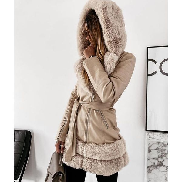 

cp winter tie belt faux fur jackets women fashion turn down collar coats women elegant solid pu leather jackets female ladies, Black