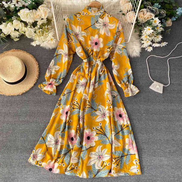 

Vintage Female Long Dress Spring Stand Collar Floral Print Flare Sleeves Single Breast A-line Chiffon Dresses, Black;gray