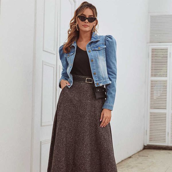 

jyss fashionable blue jacket denim spring puff sleeve single breasted mini coats outwear casaca jean denim coats female 20080 201023, Black;brown