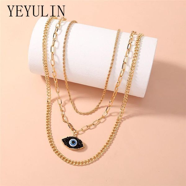 

chokers fashion multi-layer blue eye pendant necklace for women bead chain choker clavicle jewelry gifts, Golden;silver
