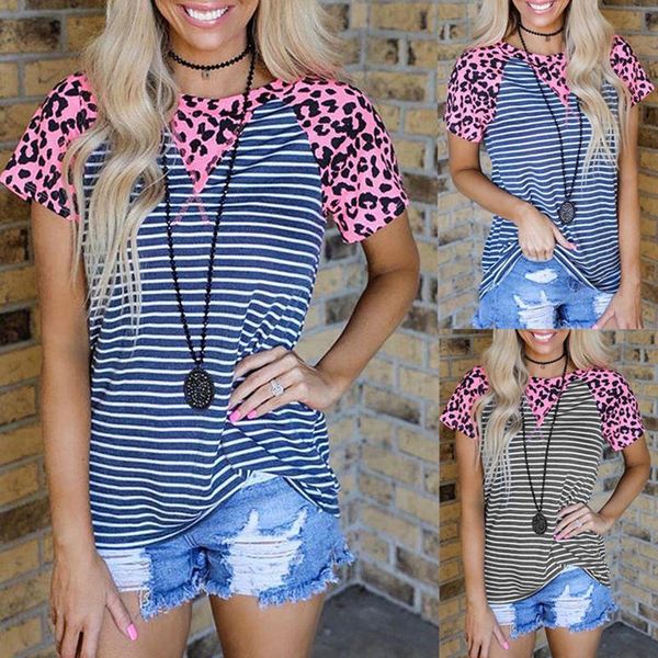 

women's t-shirt womens short sleeve shirts crew neck striped leopard color block casual tees summer t for women anime, White