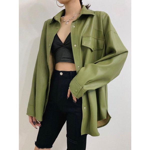 

women's leather & faux [ewq] 2021 autumn korean imitation black loose lace green pu medium length shirt coat fashion 16e4775