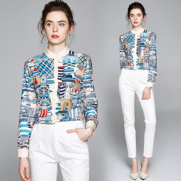 

simgent office blouse fashion casual elegant women long sleeve stand collar printing shirt mujer sg005064, White