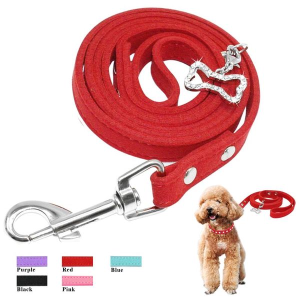 

dog collars & leashes soft suede leather pet leash cats dogs walking lead rope with bling rhinestone bone pendant cat collar strap