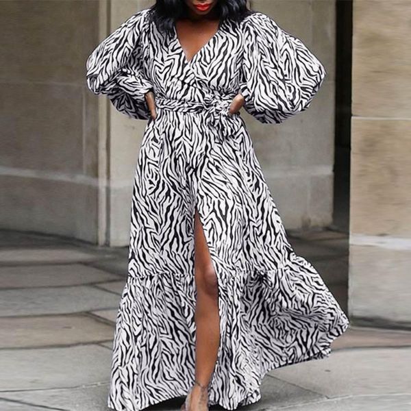 

casual dresses women elegant v neck puff sleeve long maxi dress vonda 2021 autumn leopard printed pleated vestidos loose sundress, Black;gray