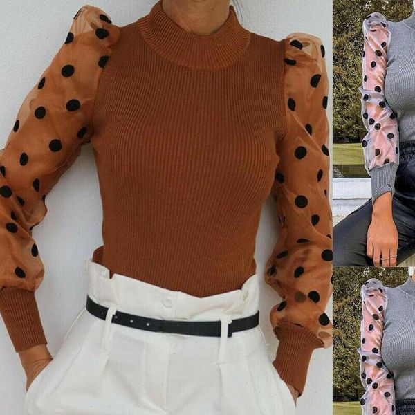 

elegant womens lady mesh sheer sleeve blouse polka dot puff sleeve shirts spring autumn slim ladies mock neck female shirts, White