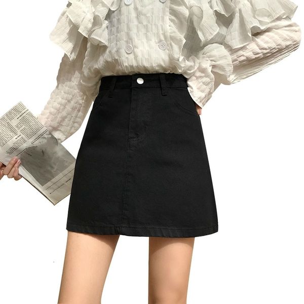 Плюс размер 5XL женская мода лето высокая талия джинсы юбки повседневный корейский стиль a-line мини джинсовая юбка черная белая 210309