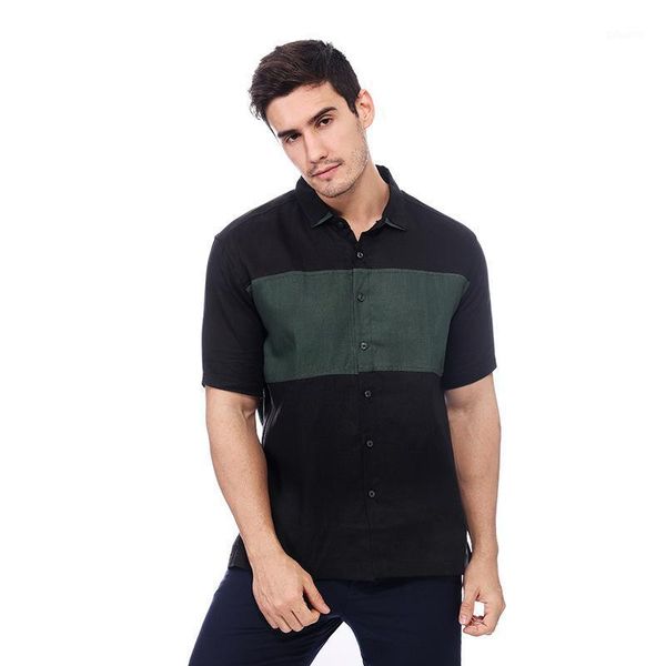 

men's casual shirts men clothing 2021 summer linen shirt short sleeve business stitching camisas para hombre, White;black
