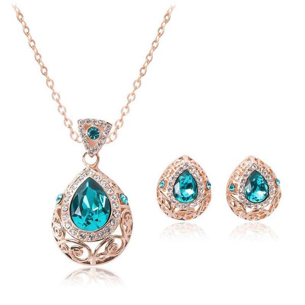 

earrings & necklace women jewelry sets water drop gem pink blue yellow stone crystal pendant necklace&earring wedding, Silver