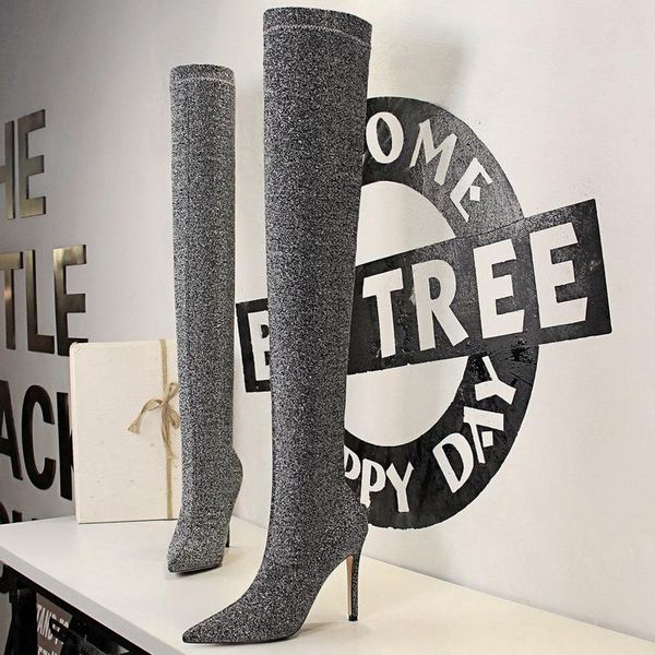 

boots bigtree shoes sequin cloth over-the-knee women stiletto thin high heel fashion long winter, Black