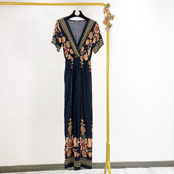 

women's jumpsuits & rompers 1218 retro ethnic embroidery flowers v-neck short sleeve jumpsuit women 2021, Black;white