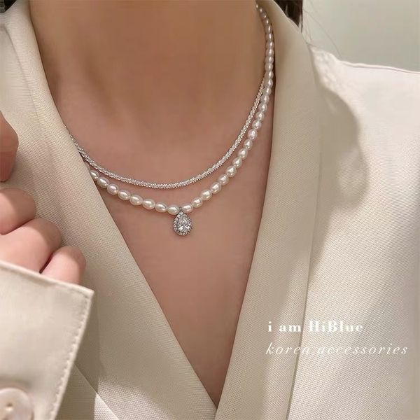 

korean version net red frhwater pearl necklace multi-layer temperament clavicle chain plated with platinum zircon pendant, White