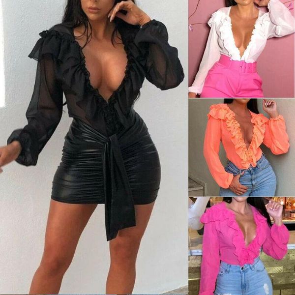 

2021 women long sleeve loose chiffon blouse v neck casual lady office t-shirts, White