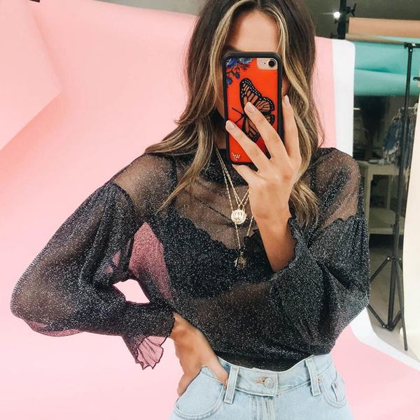 

2021 autumn women sheer mesh fish net long sleeve t shirt turtle neck see through tee t-shirts for women transparent t-shirt, White