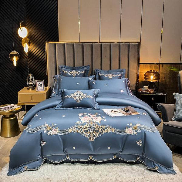 

2021 luxury egypt cotton elegant arc edge bedding set delicate embroidery duvet cover flat fitted sheet pillowcases 4pcs