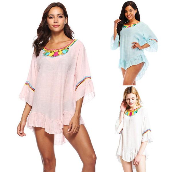 

women's swimwear 2021 bikini cover-ups rayon embroidery beach dress kaftan tunics swimsuit cover up sarong saidas pareo para robe de pl, White;black