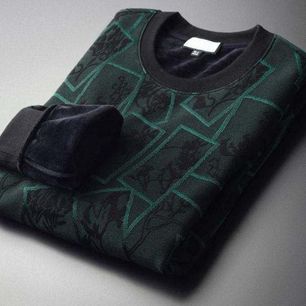 

men's hoodies & sweatshirts 2021 green round collar sweatshirt male luxury geometric yarn dyed jacquard men add velvet slim fit mens, Black