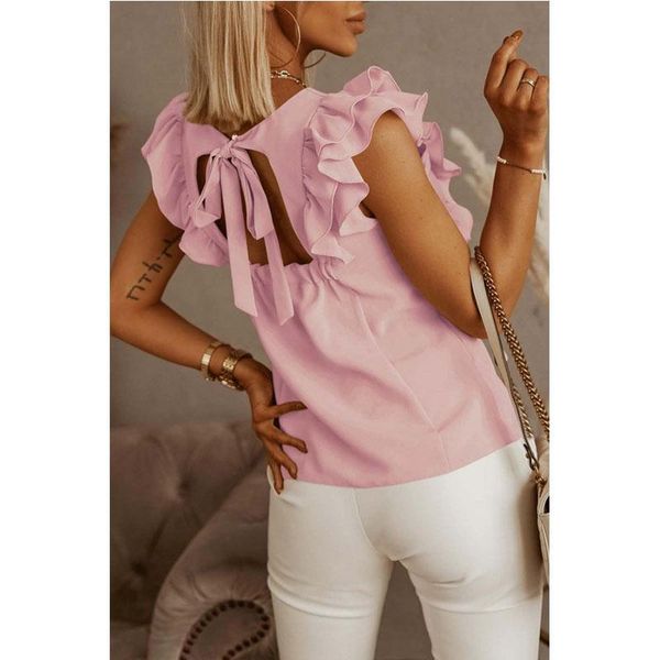 

women's blouses & shirts ladies backless lace up office women ruffle sleeve summer sleeveless round neck solid casual feminine, White