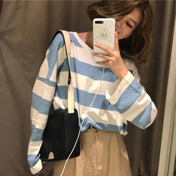 

women's t-shirt harajuku women long sleeve t-shirts korean oversized stripe t autumn ulzzang kawaii pink blue black basic tees casual, White