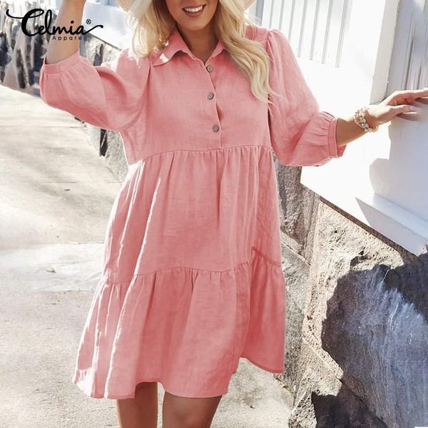 

party dresses celmia 2021 summer sundress women long puff sleeve shirt vestidos fashion turn-down collar casual loose robe femme mini, White;black