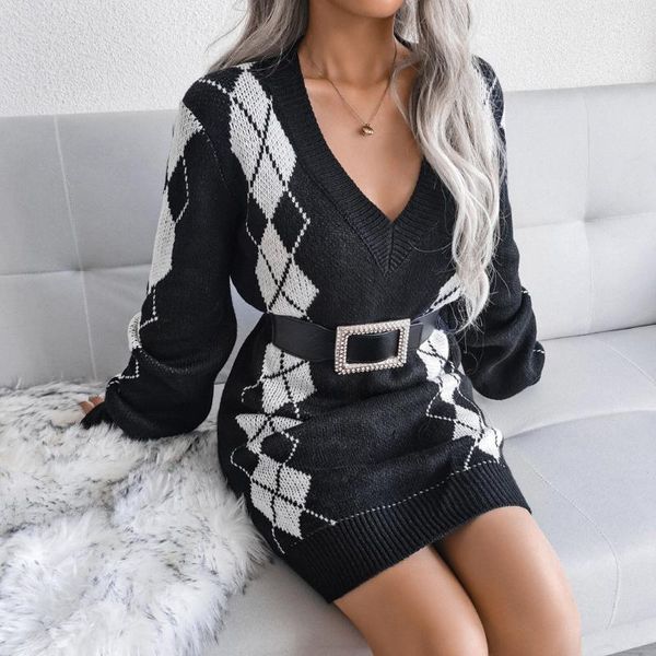 

casual dresses 4# v-neck print women dress office lady long sleeve loose chunky knitted with belt elegant winter wrap hip vestidos, Black;gray