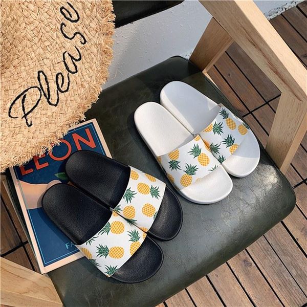 

slippers ins women shoes pineapple fruit kawaii casual anti-skid sliders outside indoor sandals rubber cute students flip flops, Black