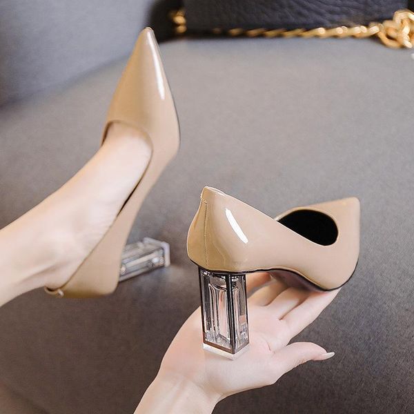 

dress shoes 8cm high heels women square heel party pumps summer elegant pointed toe wedding bridal blue 2021, Black