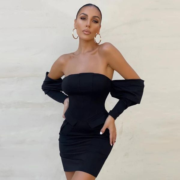 

casual dresses ocstrade bandage dress off shoulder black bodycon 2021 fashion women long sleeve night club party, Black;gray