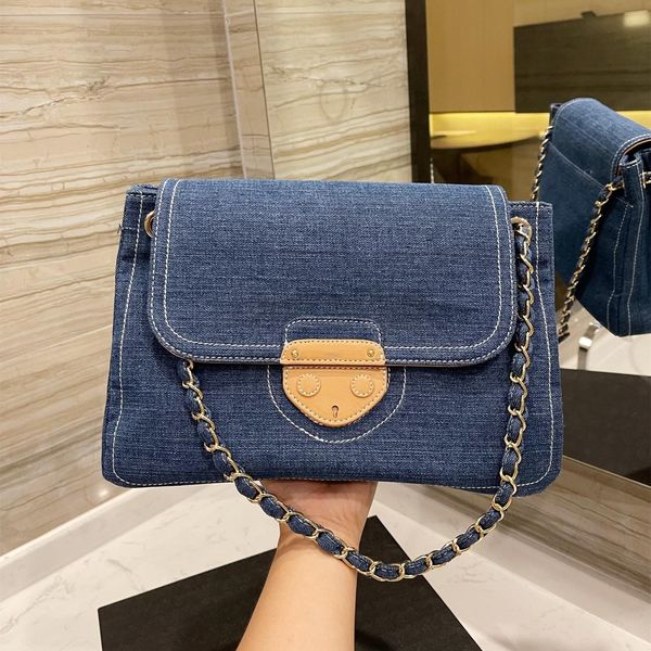 

retro denim blue shoulder bag casual style designer design women's canvas bags white stitches metal + cloth chain handbag cross body pu