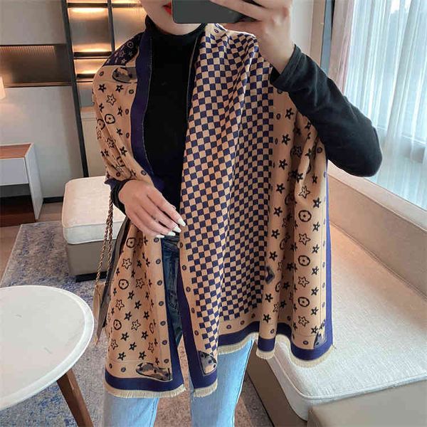 

design 2021 new scarf women's autumn and thick imitation cashmere brushed double-sided fashion shawl, Blue;gray