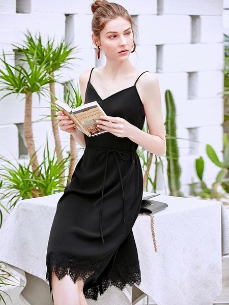 

casual dresses amii minimalism summer splicing dress women lace v-neck irregular solid female party beach 11920045, Black;gray