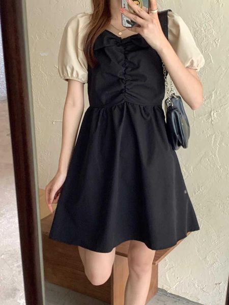 

casual dresses french bow fairy dress in summer 2021, Black;gray