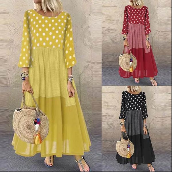 

women polka dot long sundress autumn vintage pacthwork dress 2021 casual cotton shirt vestidos femme tunic robe kaftan, Black;gray