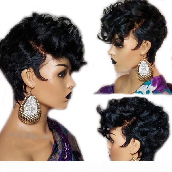 

13x6 remy brazilian short pixie human hair wigs for women bouncy curly glueless black color (side bangs cut) 150% density, Black;brown