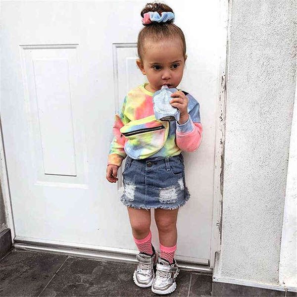 

2020 infant baby girls clothes sets print long sleeve t shirts +denim skirts 2pcs fashion summer outfits clothing g0119, White