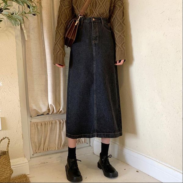 

slim high waist midi jean side slit skirt women a line loose streetwear skirts female pockets skirts 2021 autumn winter, Black