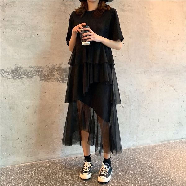 

ed long female short summer es loose seam ragged cake pofs, Black;gray