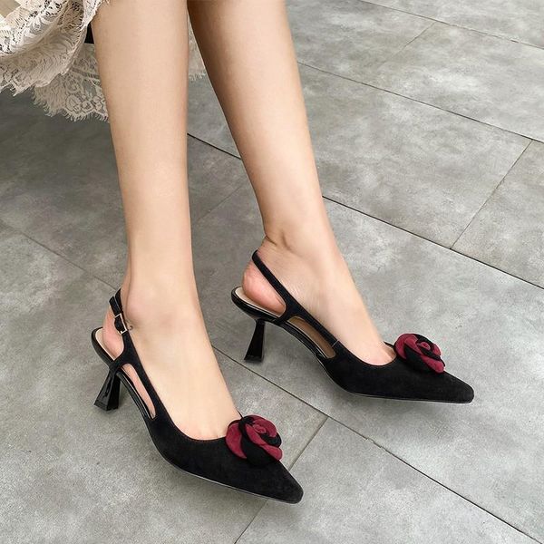 

new fashion 2021 summer suede leather women sandals covered toe spike high heels sweet flower ladies wedding party shoes black