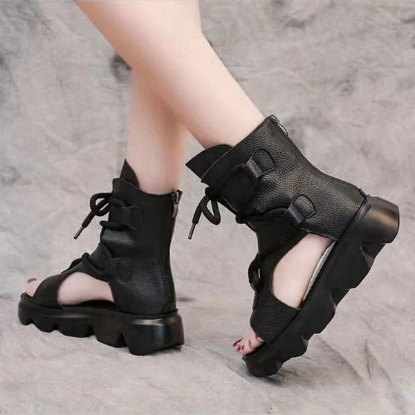 

sandals ribetrini vintage female solid zipper lace up open toe platform women wedges casual leisure rome shoes, Black