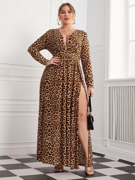 

plus leopard plunging neck split thigh dress e5oc#, Black