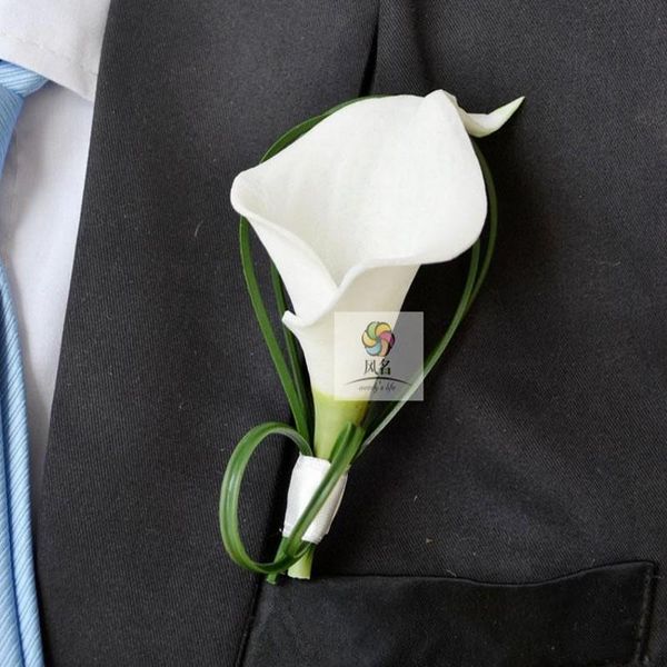 Mão feita branca Calla Lily Flower Corsage Groomsman Festa de Casamento Homem Boutonniere Pin Broche Decoração