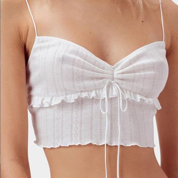 

women's tanks & camis 2021 summer women white sling v neck lace up ruffle slim fit club beach holiday casual crop