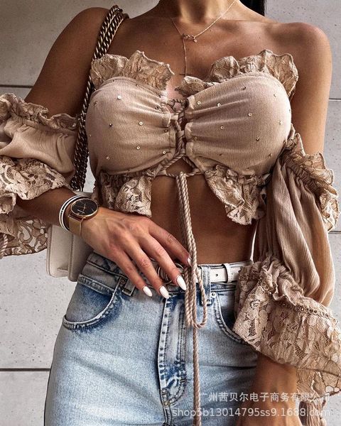 

women's blouses & shirts 2021 summer khaki rhinestone lace tie strapless shirt women, White
